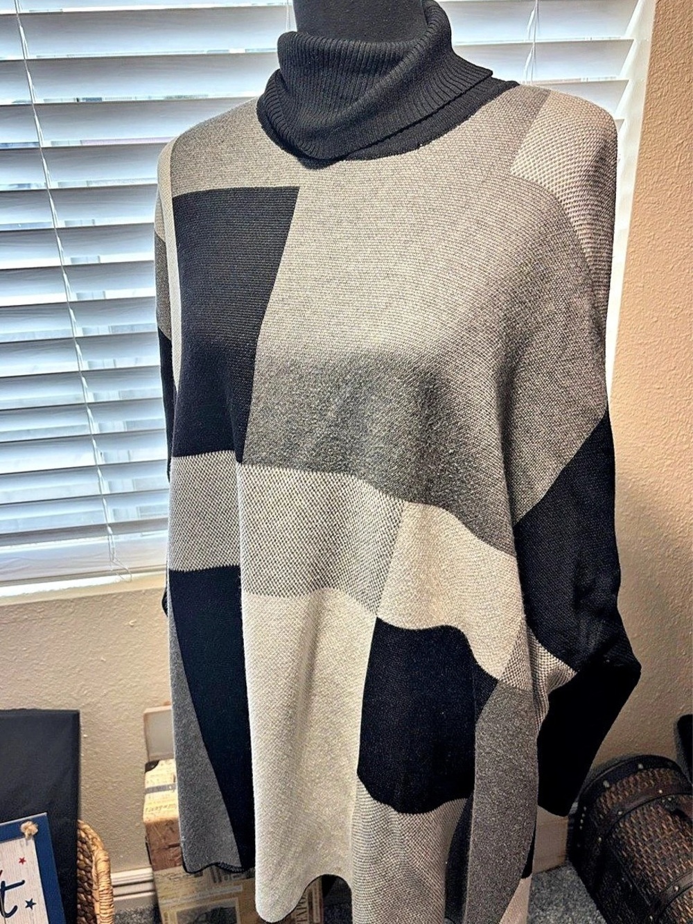 Joseph A. Knit Geometric Colorblock Poncho Sweater